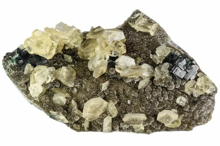 Green Fluorite and Yellow Calcite on Quartz - Fluorescent! #112421